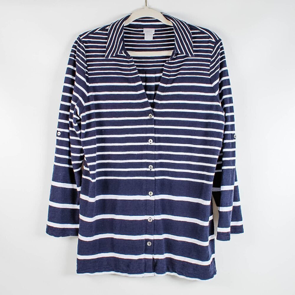 Chico's Blue White Stripe Knit Top - Button Down - Size Large